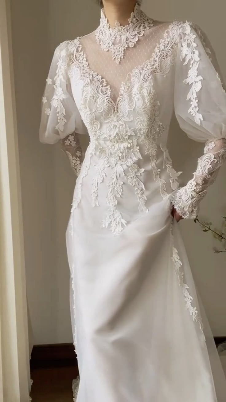 Lace High Neck Long Wedding Dress Modest Princess Bridal Gown S7102