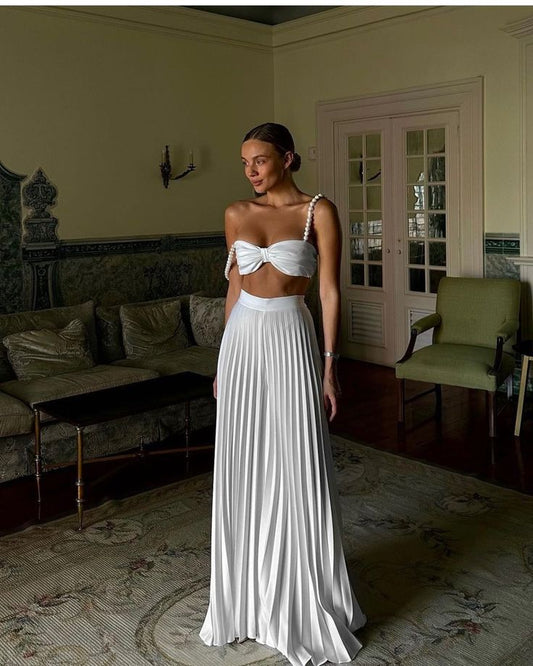 White Pleat Long Evening Dress Sleeveless Sexy Formal Dress S7036