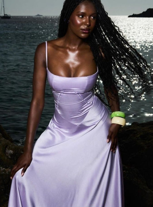 Lilace Square Neck Satin Long Evening Dresses Prom Gown S6962