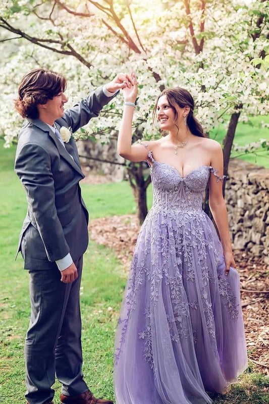 Lace Tulle Long Prom Dresses Off-the-Shoulder A-Line Formal Gown S5305
