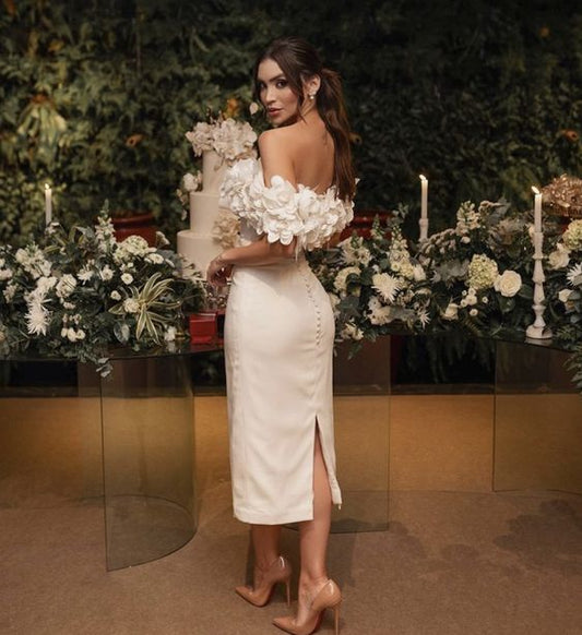 Flower Wedding Dresses Short Sheath Off Shoulder Split Tea Length Bridal Gown