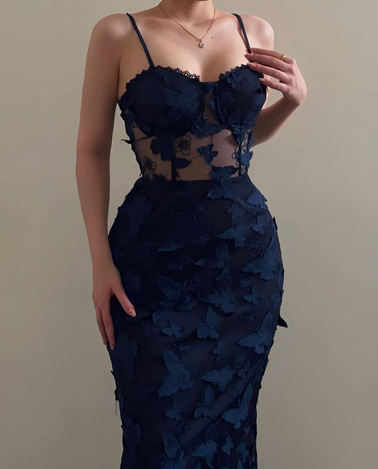 Vintage Mermaid Straps Birthday Party Dresses Navy Blue Lace Prom Dresses S7147