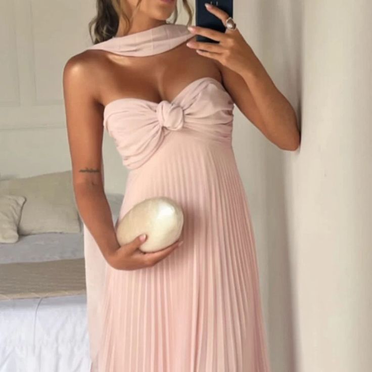 Pink Strapless A-Line Pleated Elegant Long Prom Dress Wedding Guest Dress Evening Party Dress S7069
