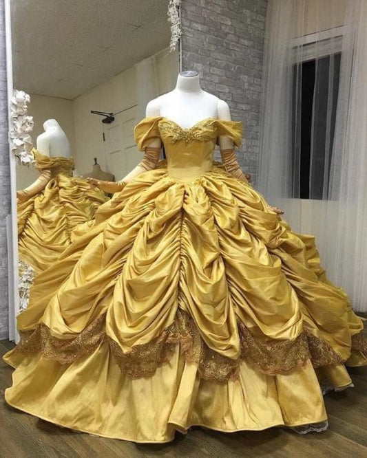 princess evening dress,satin pleated lace applique elegant custom dress S7046