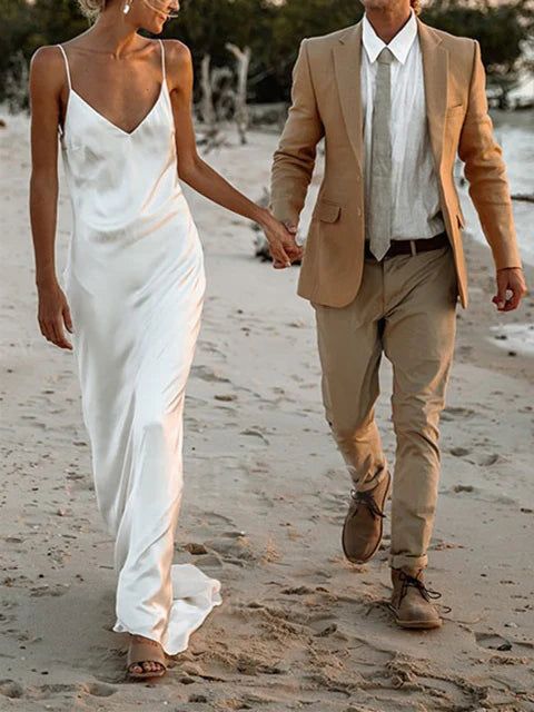 Column Spaghetti Straps V Neck Sleeveless Wedding Dress Formal Women's Dresses S6965