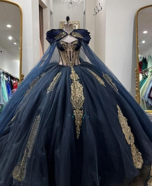 A Line Appliques Tulle Quinceanera Dresses With Cape Ball Gown Sweet Sixteen Prom Party Dresses S7166