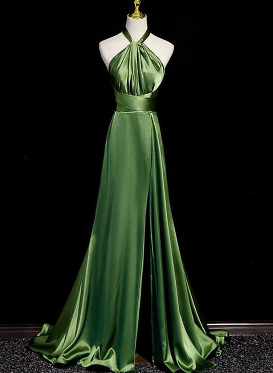 Modest Simple Green Split Front Evening Dresses A-Line Princess Prom Gown S6949