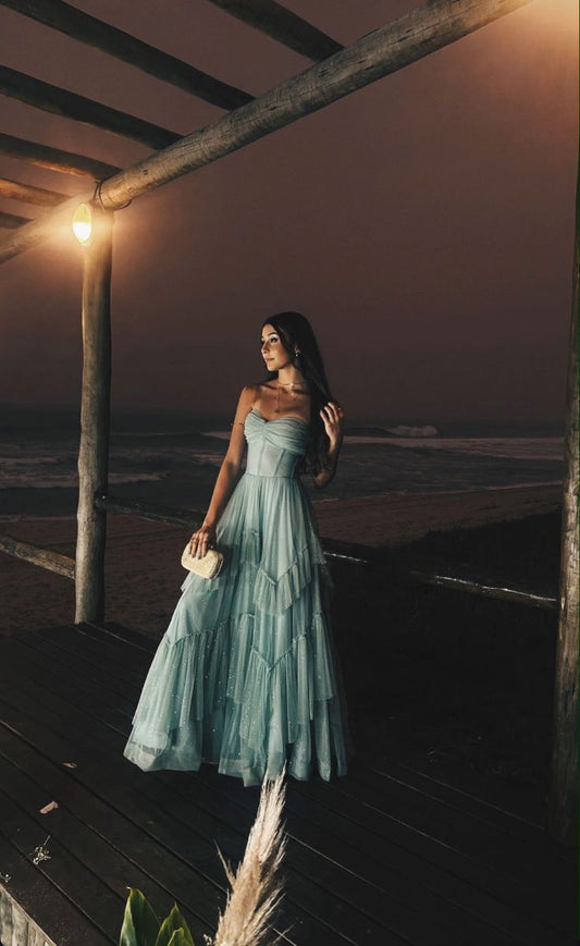 A Line Shinny Tulle Long Prom Dress Evening Party Dress S7078