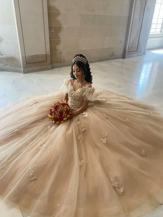 Champagne Quinceanera Off Shoulder Sweet 16 Applique Party Ball Gown S7228