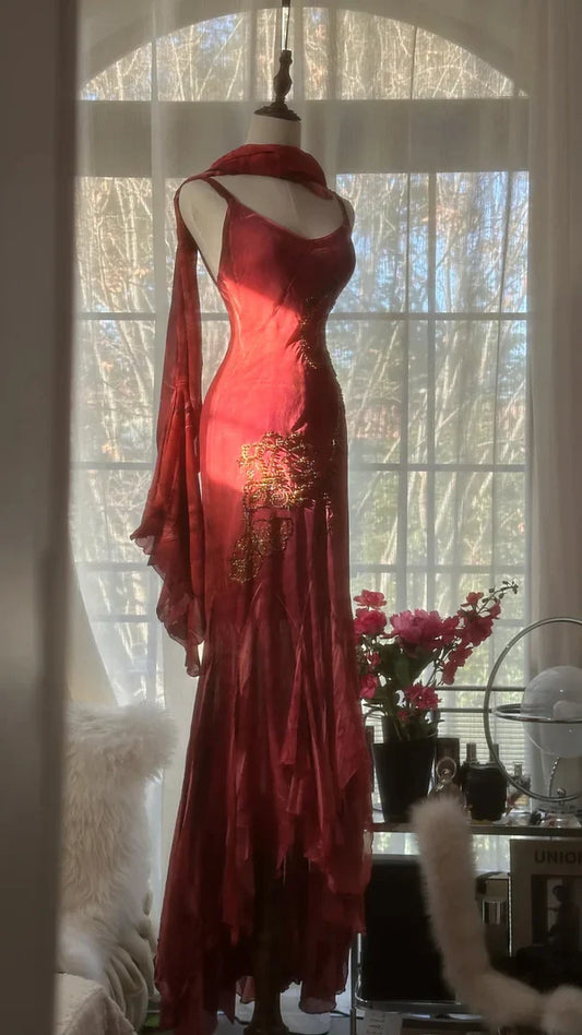 Vintage Red Embroidery Prom Dress Beaded Mermaid Evening Dress Long Formal Dress TP4653