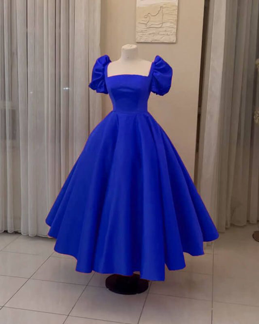 Puffy Sleeves Ankle Length Satin Ball Gown