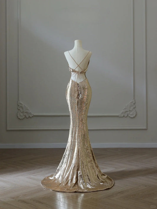 Golden formal dress Sexy Gold Mermaid Long Evening Dresses Prom Gown S6954