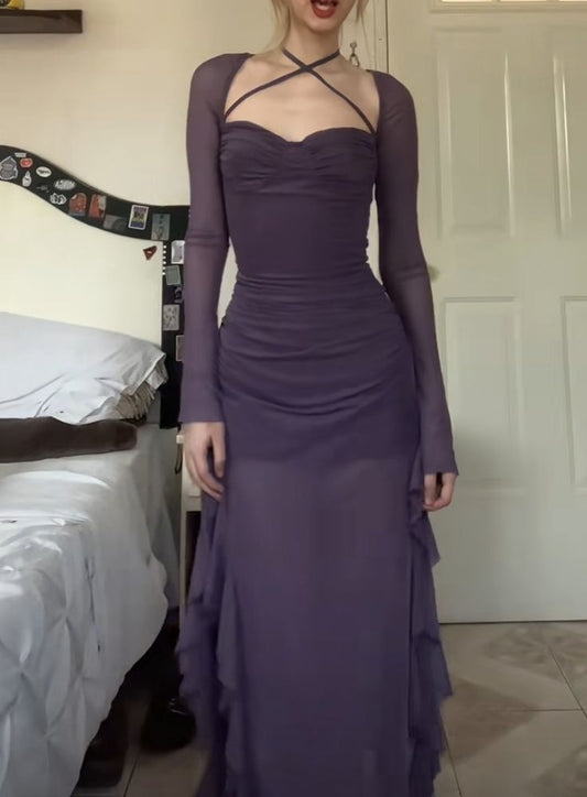 Purple Chiffon Halter Long Evening Dresses Prom Gown S6958