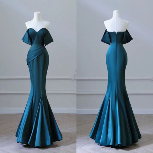 Simple Off Shoulder Satin Ink Blue Long Prom Dress, Ink Blue Long Formal Dress S5355