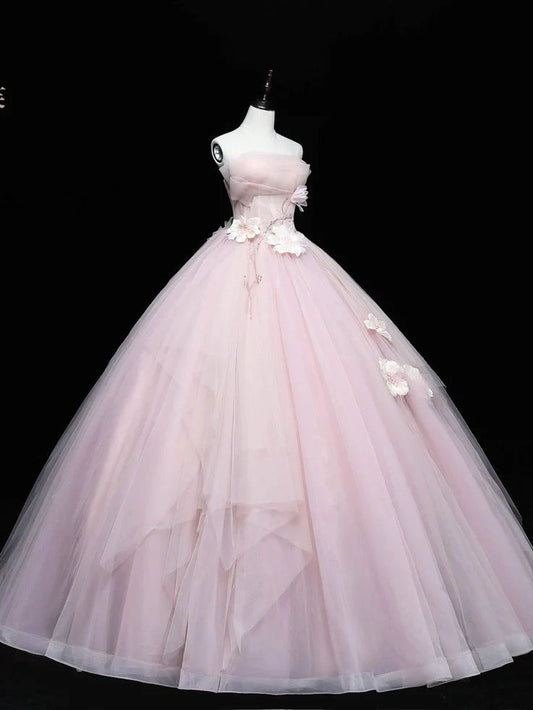 Simple Pink Applique Strapless Sweet 16 Quinceanera A-Line Tulle Floor-length Prom Dress Birthday Dress Evening Dress Ball Gown TP4405