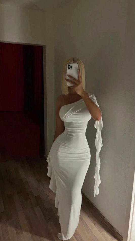 White One Shoulder Long Evening Dresses Prom Gown S6977