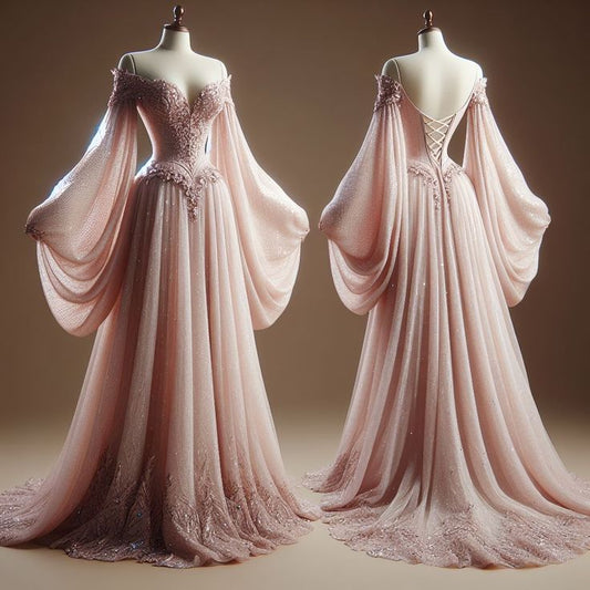 A Line Pink Off Shoulder Tulle Long Evening Dresses Prom Gown S6976
