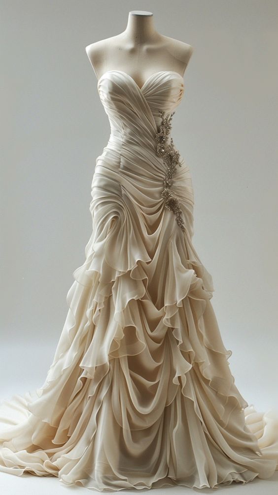 Vintage Mermaid Sweetheart Chiffon Ruffles Long Wedding Dress S7068