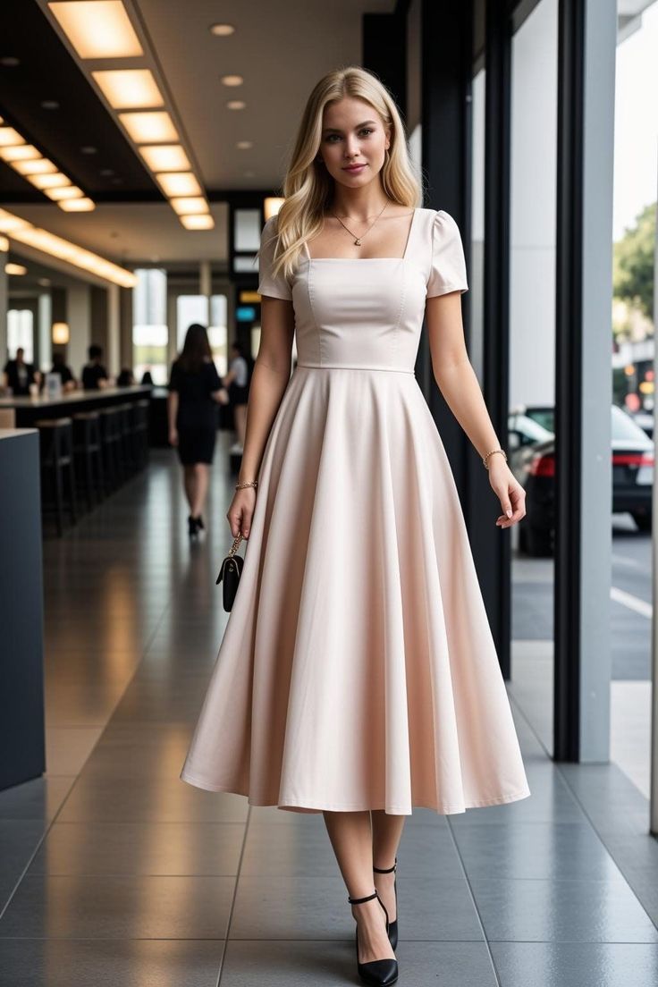 Square Neck Midi Evening Dress, Short Sleeve Prom Dress S7004