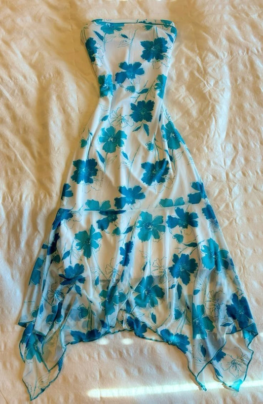 Blue Floral Chiffon Spaghetti Straps Prom Dress Evening Dress S7010