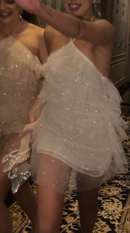Shinny Tulle Short Prom Dress Chic Evening Gown
