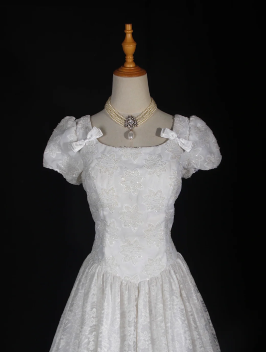 Pretty White Satin Beaded Floral Lace Ball Gown Formal Long Wedding Dress