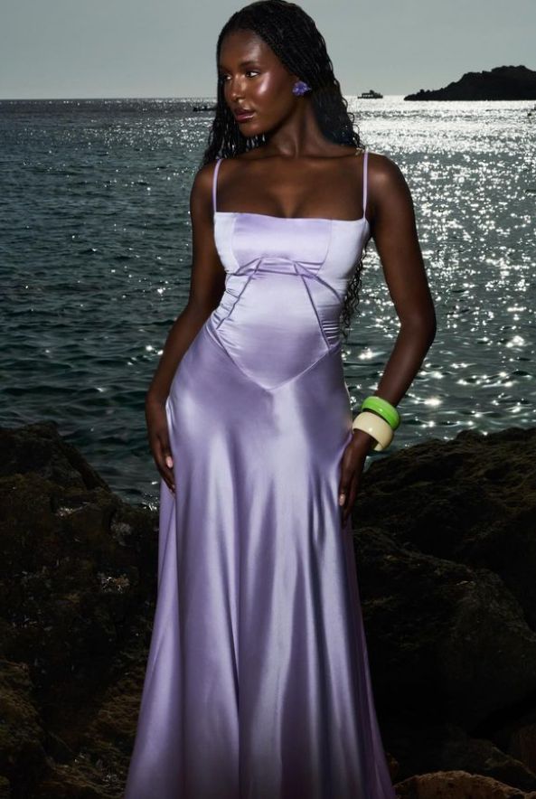 Lilace Square Neck Satin Long Evening Dresses Prom Gown S6962