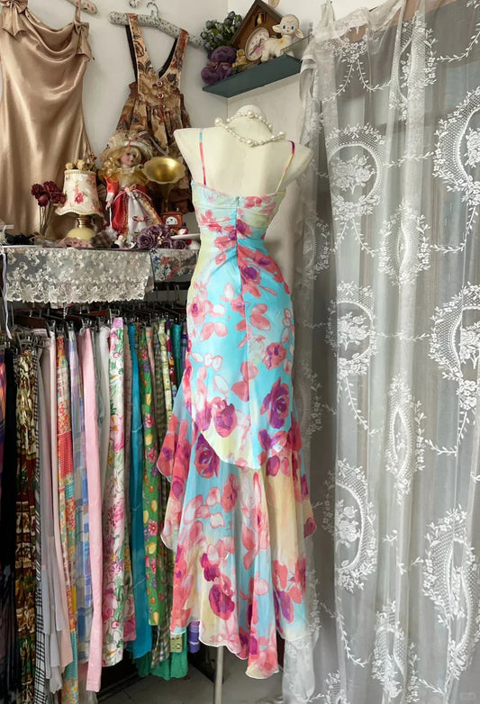 Vintage Floral Sweetheart Prom Dress Spaghetti Strap Evening Dress Long Sheath Formal Dress TP4644