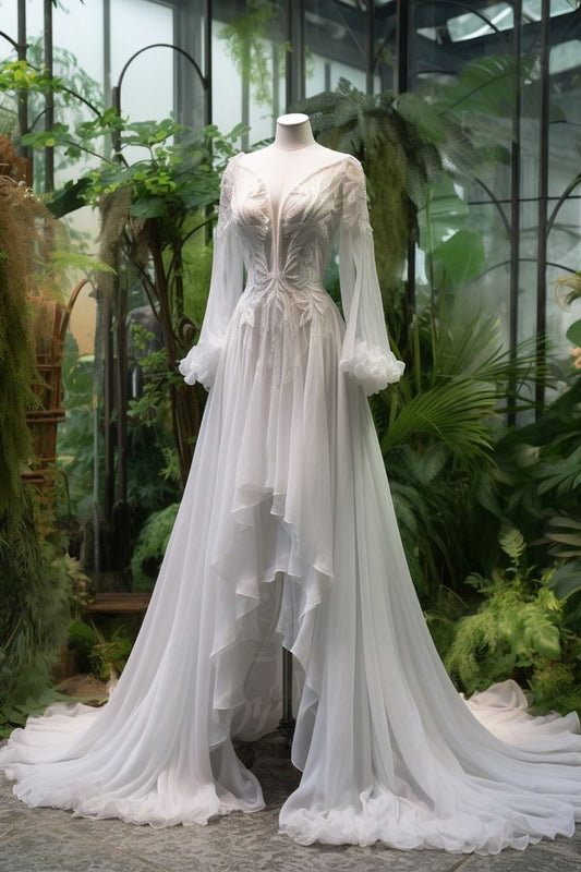 White Wedding Dresses Long Sleeves High Low Bridal Gown S7137