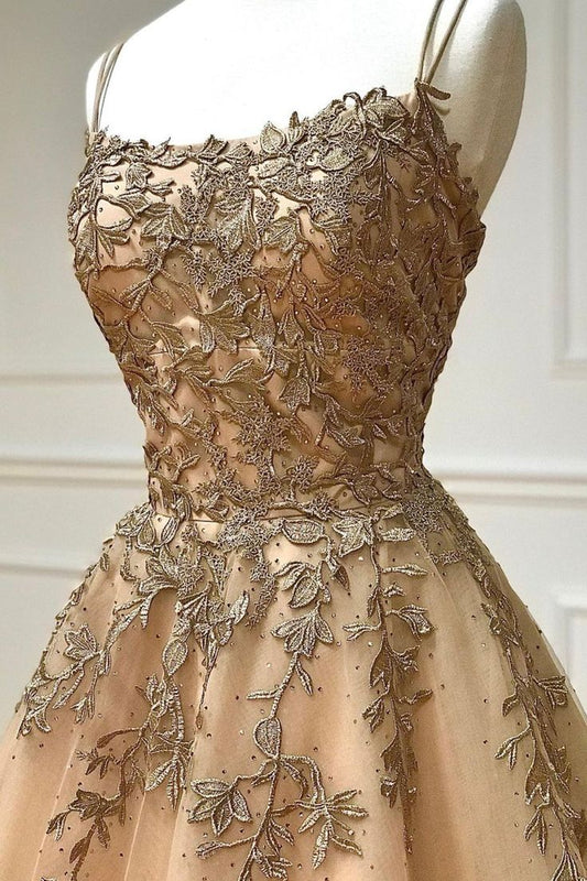 A-Line Spaghetti Straps Lace Long Prom Dress, Lace Evening Dress S5345