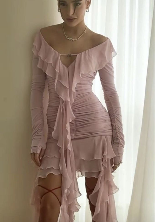 Pink Off Shoulder Chiffon Evening Gowns Party Dresses With Ruffles S6943