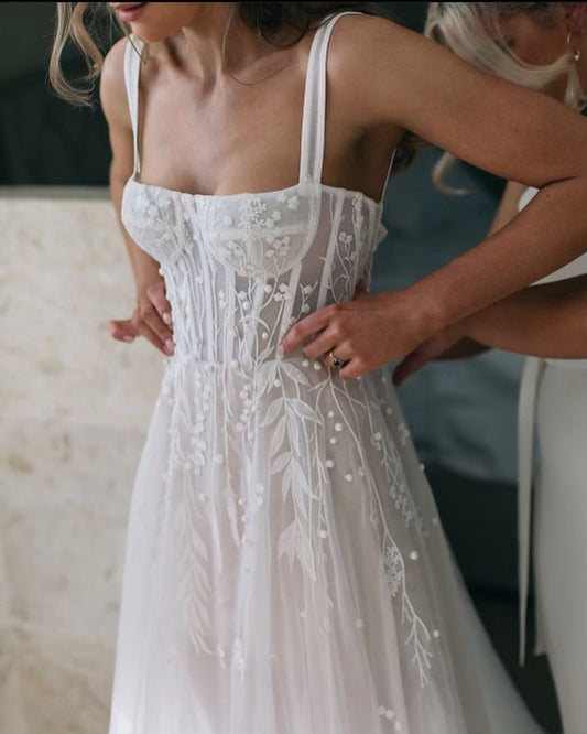 A Line Straps Tulle Long Wedding Dress Princess Bridal Gown