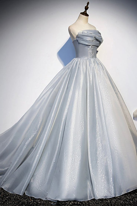 Gray Tulle Long A-Line Prom Dress, Gray Strapless Formal Evening Gown S5383