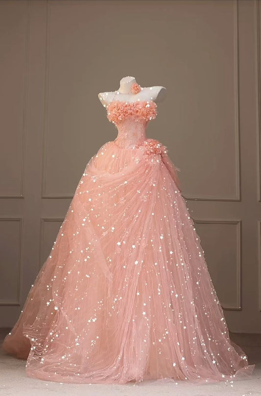 A Line Tulle Sleeveless Ball Gown Long Evening Prom Dresses S7104