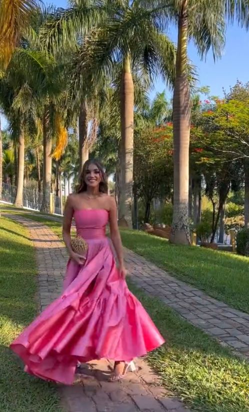 Classy Ball Gown Strapless Pink Floor Length Satin Slit Prom Dresses Evening Gowns S7023