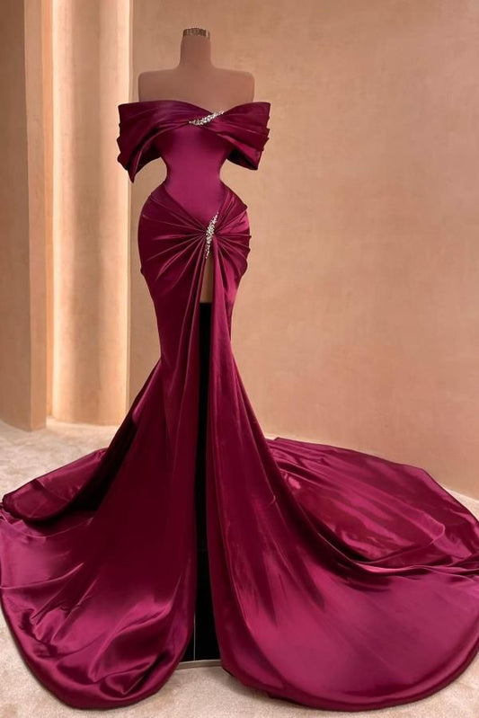 Off-Shoulder Beaded Satin Mermaid Prom Dress with Chapel Train S7066