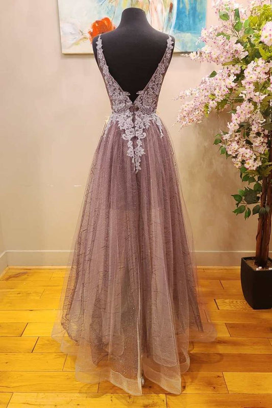 Tulle Lace Plunge V A-Line Prom Dress with Slit S5371