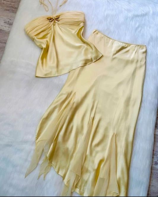 Yellow Two Piece Chiffon Halter Prom Dress Evening Dress S7012