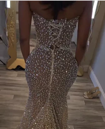 Vintage Silver-gray Beaded Strapless Long Prom Dress Mermaid Formal Dress TP4601
