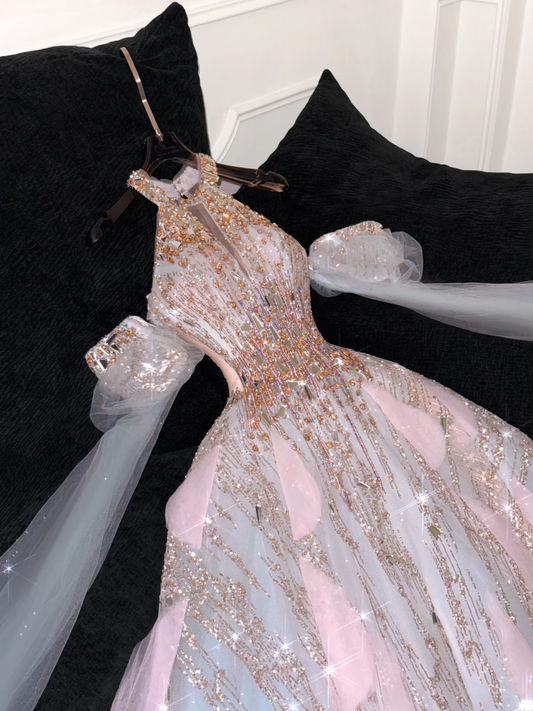 Gorgeous Shiny Pink Beaded Sequined Design A-Line Prom Dress Evening Dress Ball Gown TP4217