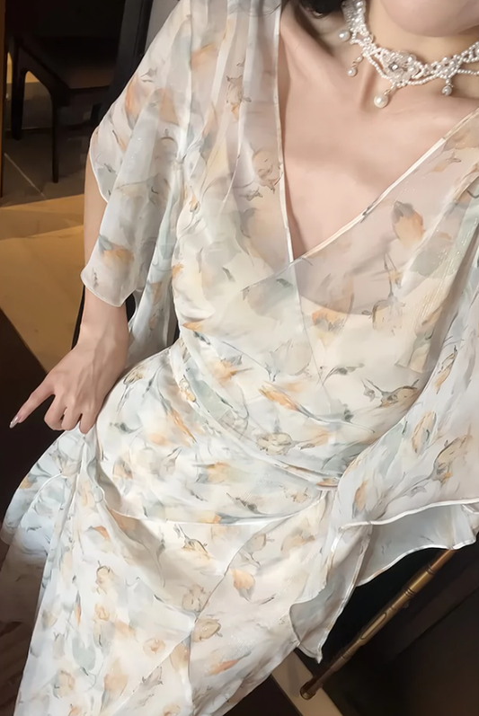 Floral V-neck summer suspender dress sleeves,long party dress S6158