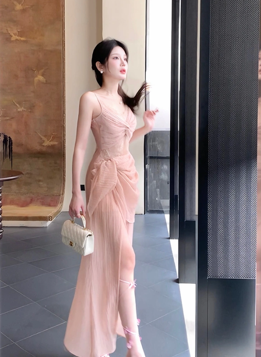 retro lace pink dress long party evening dress S6094