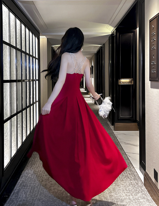 Backless evening dress red long party dress S6162