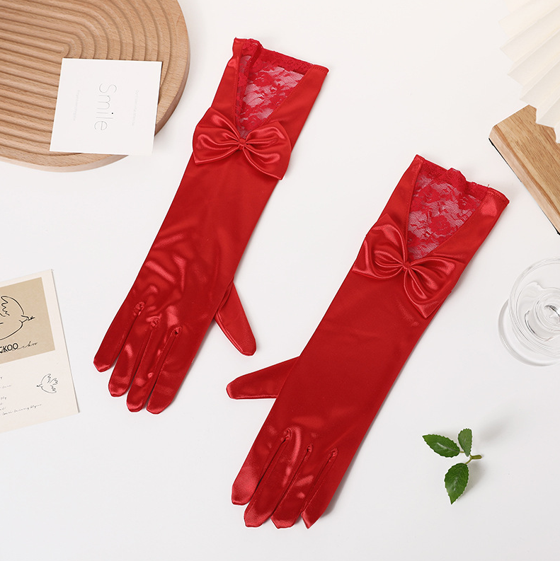 Stage performance long bow lace gloves satin wedding dress bride etiquette performance S6256