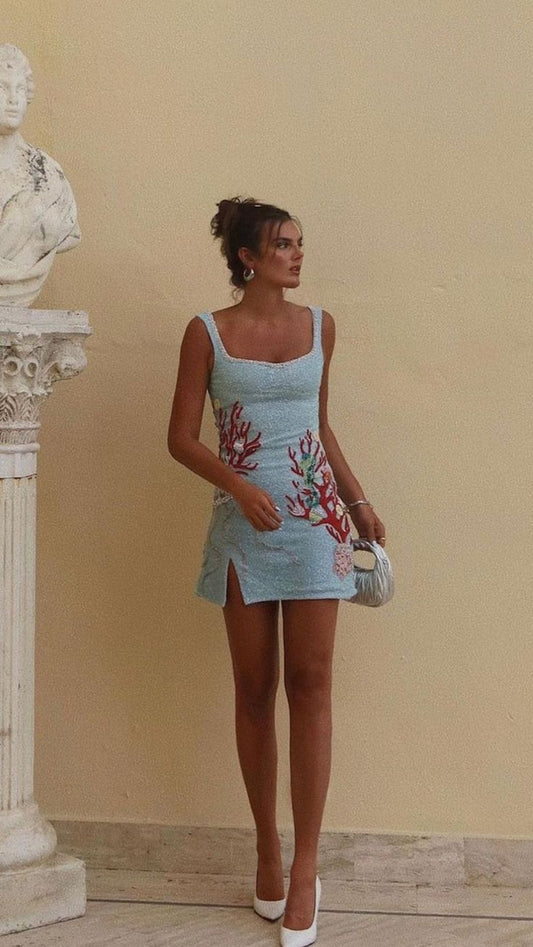 Blue suspender waist A-line slim short skirt homecoming dress R3303