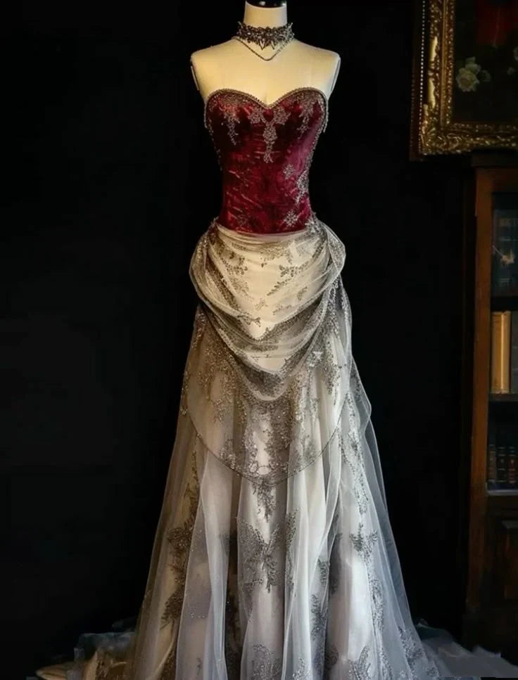 Vintage Applique Sweetheart Design Elegant A-Line Satin Tulle Evening Dress Prom Dress TP4123