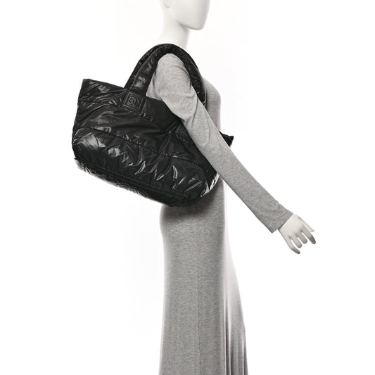 Nylon Quilted Large Coco Cocoon Reversible Tote Black