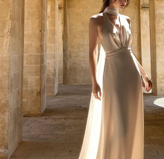 Simple Sexy Halter V-Neck Open Back With Train Long Wedding Dress S6937