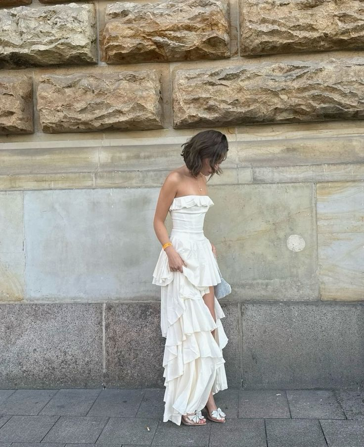 Elegant Strapless White Prom Dress Layered Satin Party Evening Gown cc1652