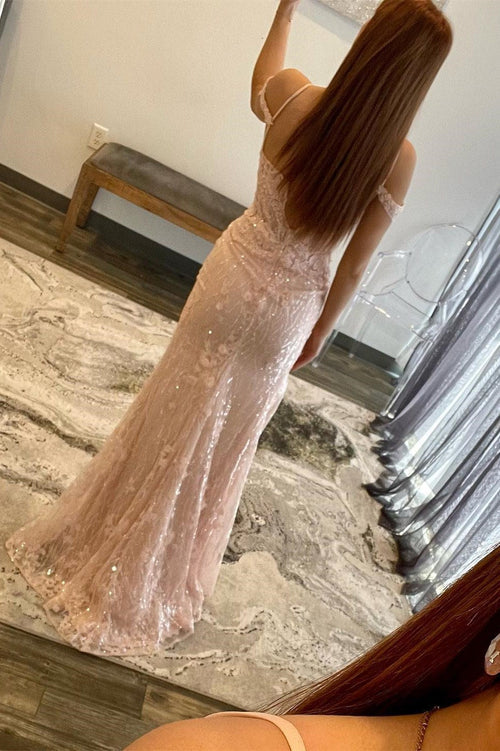 omberprom Mermaid Evening Dress Spaghetti Straps Sequined Lace Prom Dress with Slit